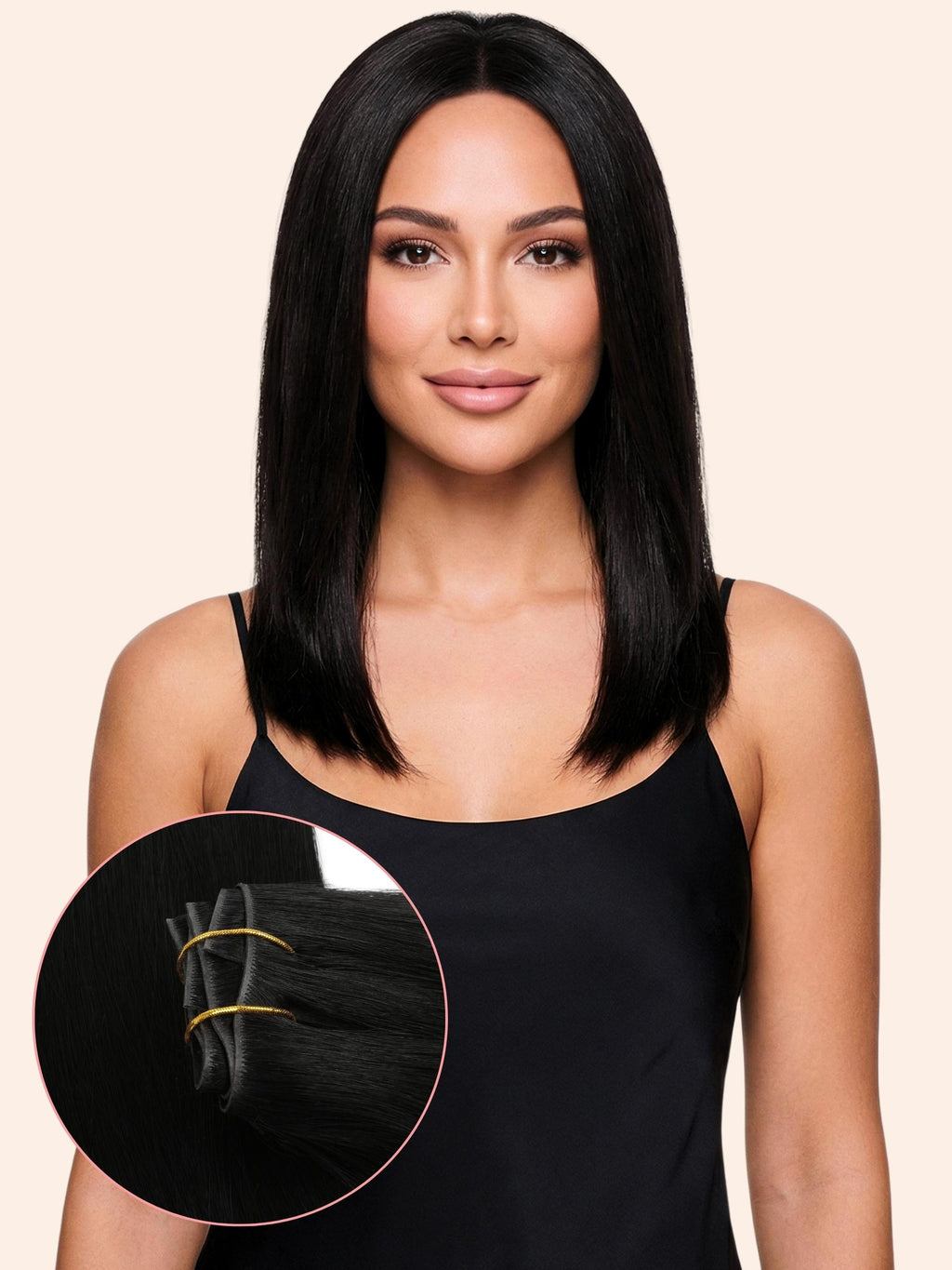 Woman with straight black hair wearing a black top, with a close-up inset of hair extensions.