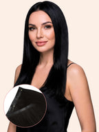 Woman with long black hair and a close-up of a hair extension on a beige background