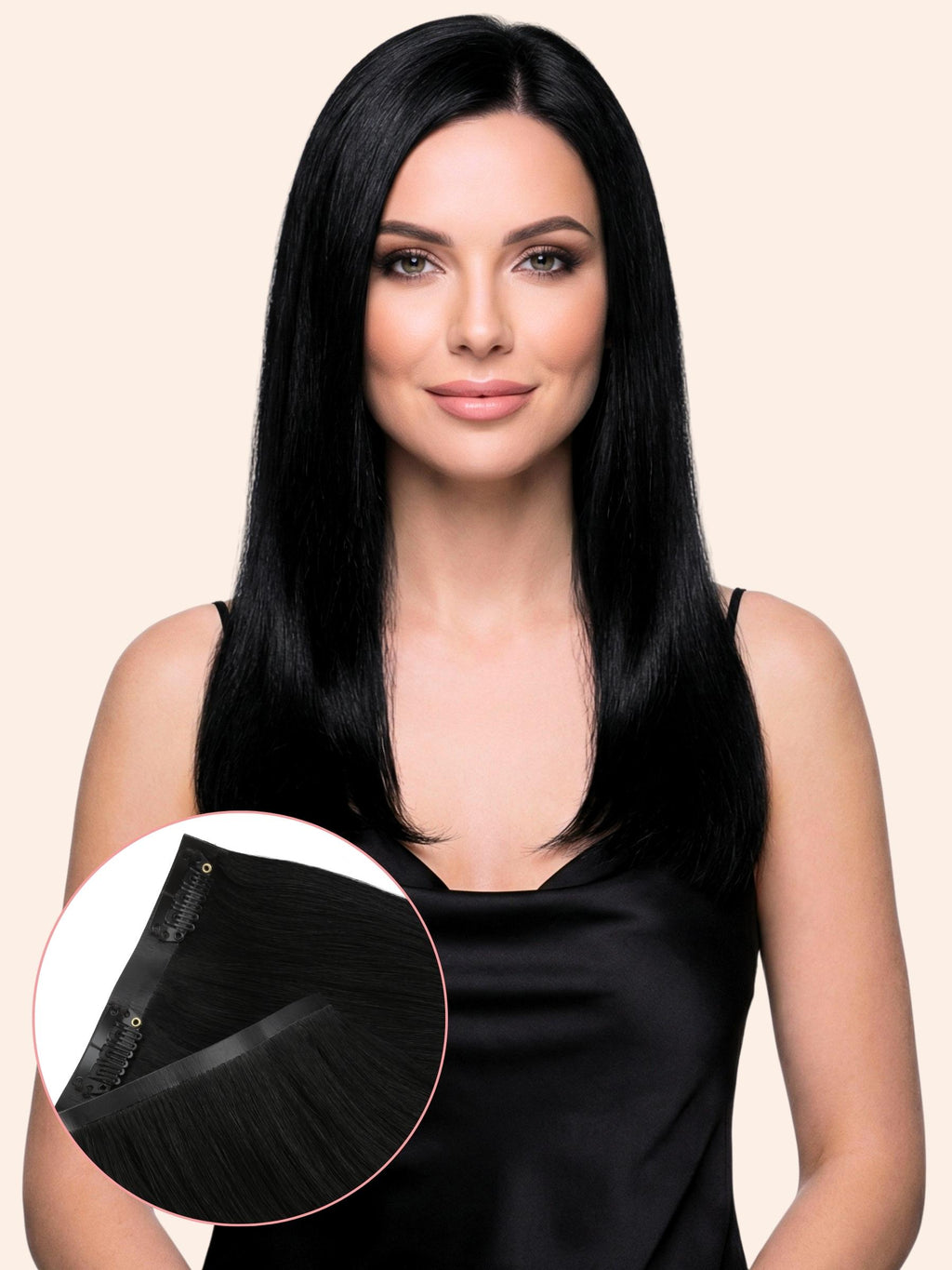 Woman with long black hair wearing a black dress, with a close-up inset of hair extensions.