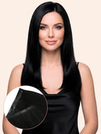Woman with long black hair wearing a black dress, with a close-up inset of hair extensions.