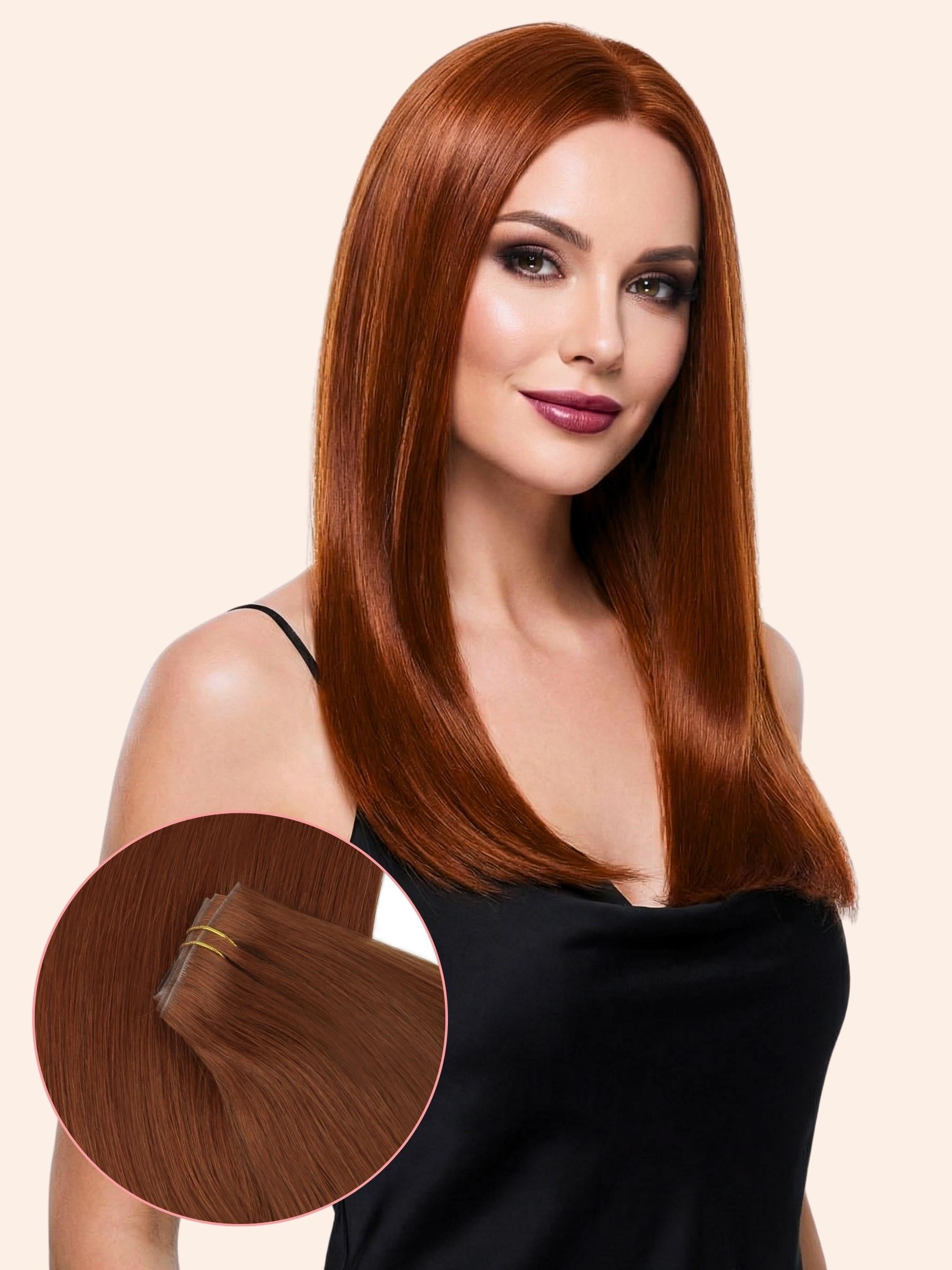 Woman with long red hair wearing a black top, with a close-up of hair extensions on a beige background.