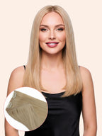 Woman with long blonde hair wearing a black top, inset showing a hair extension clip.