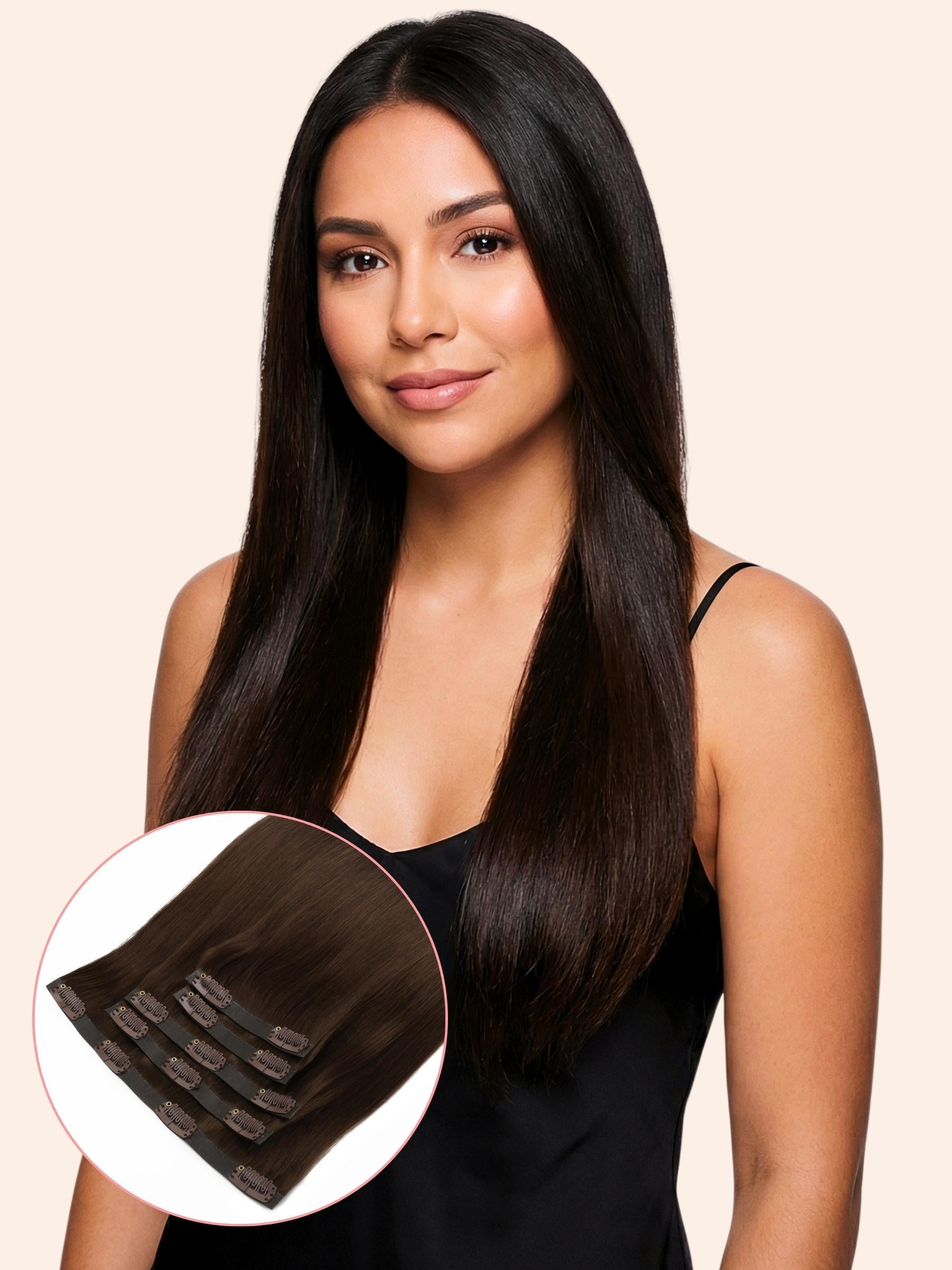 Woman with long black hair extensions on a beige background