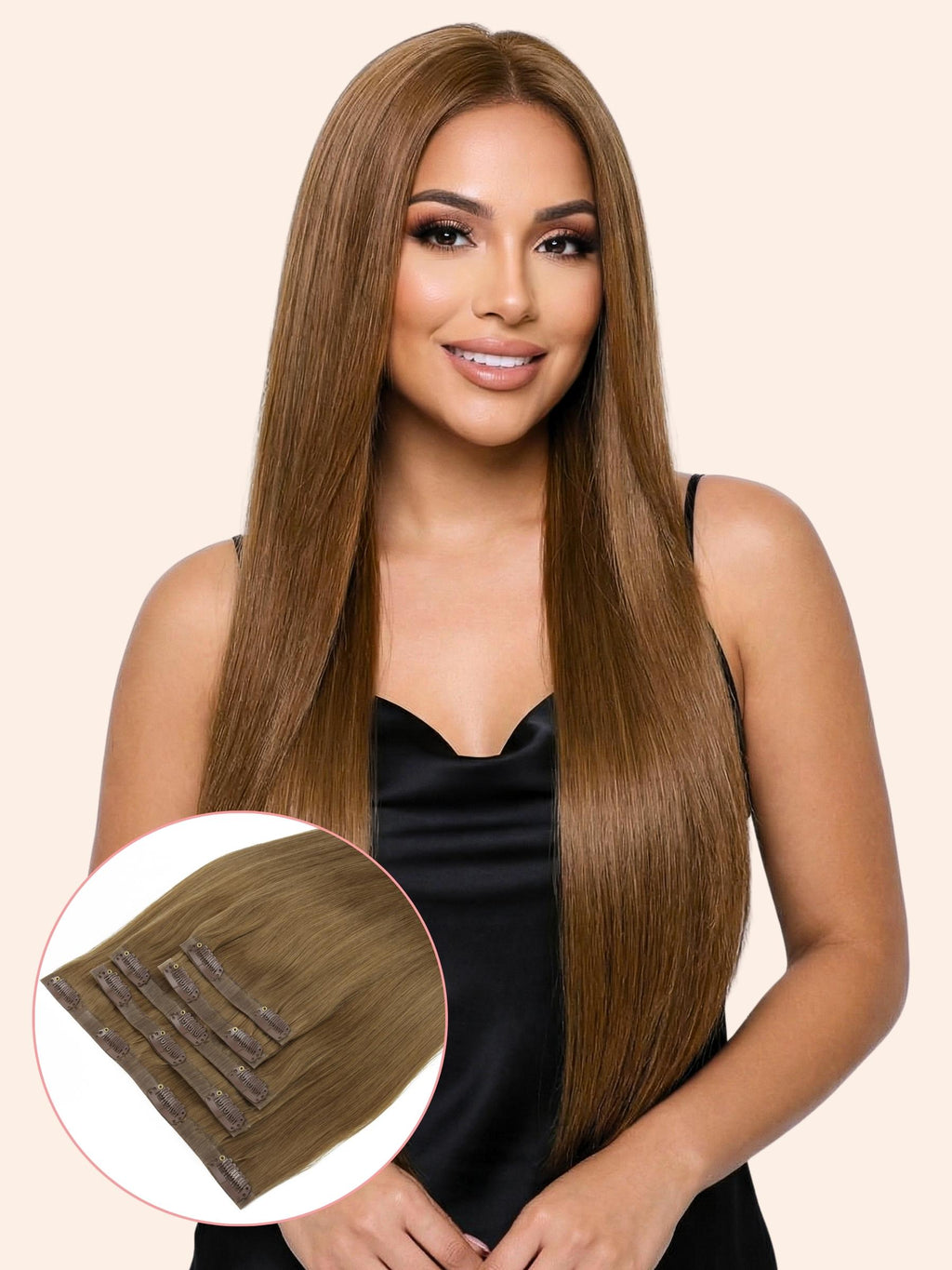 Woman with long brown hair extensions on a beige background