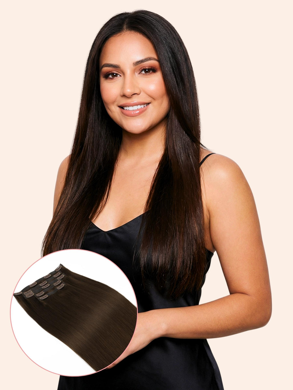 Woman with long dark hair holding a hair extension, with a close-up inset of the hair extension.