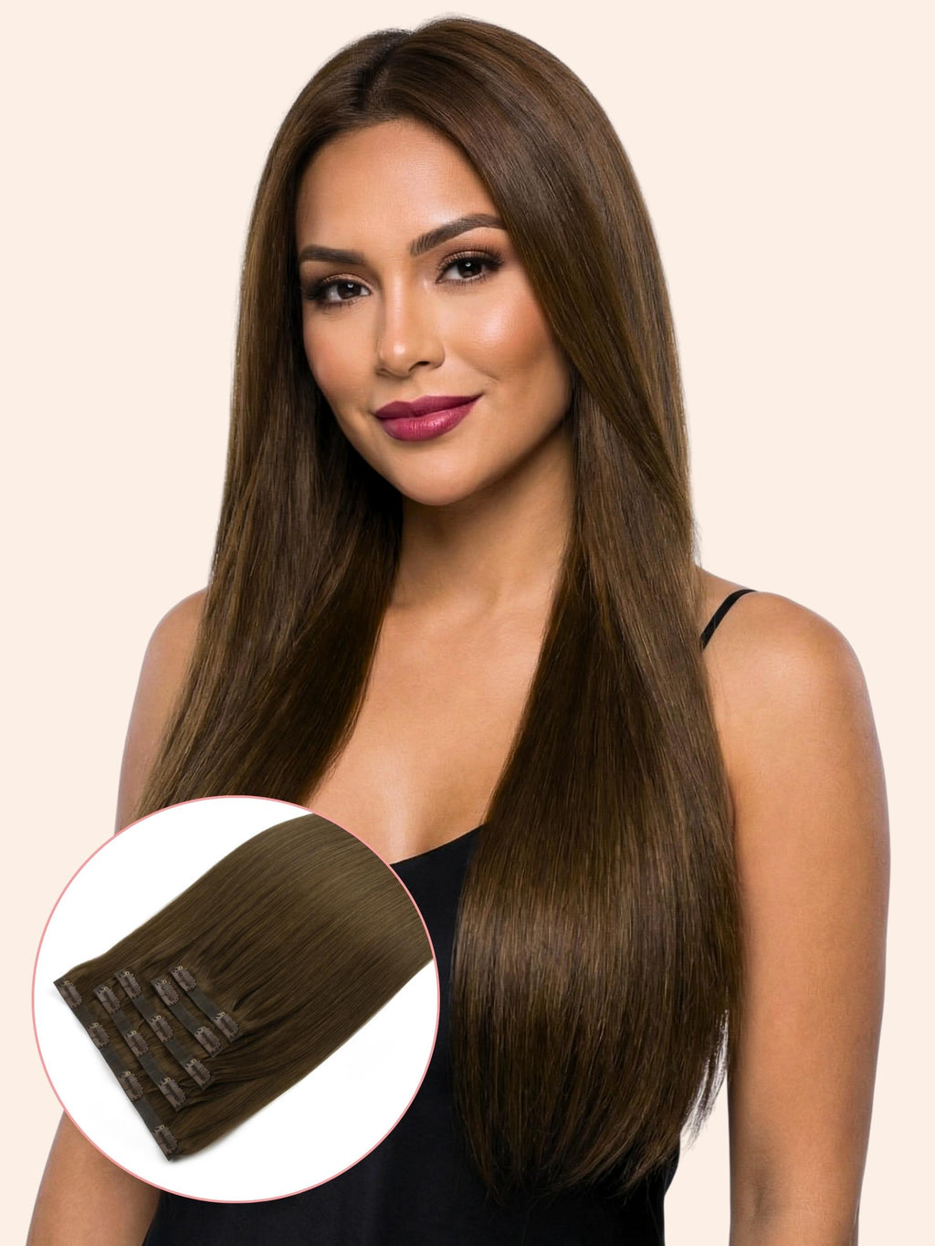 Woman with long brown hair wearing clip-in extensions on a beige background