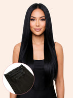 Woman with long black hair and a close-up of hair extensions on a beige background