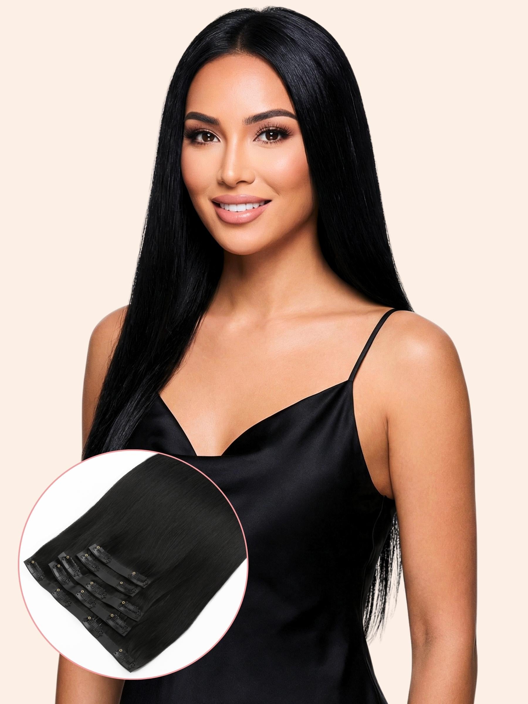 Woman with long black hair wearing a black satin dress, with an inset showing hair extensions.