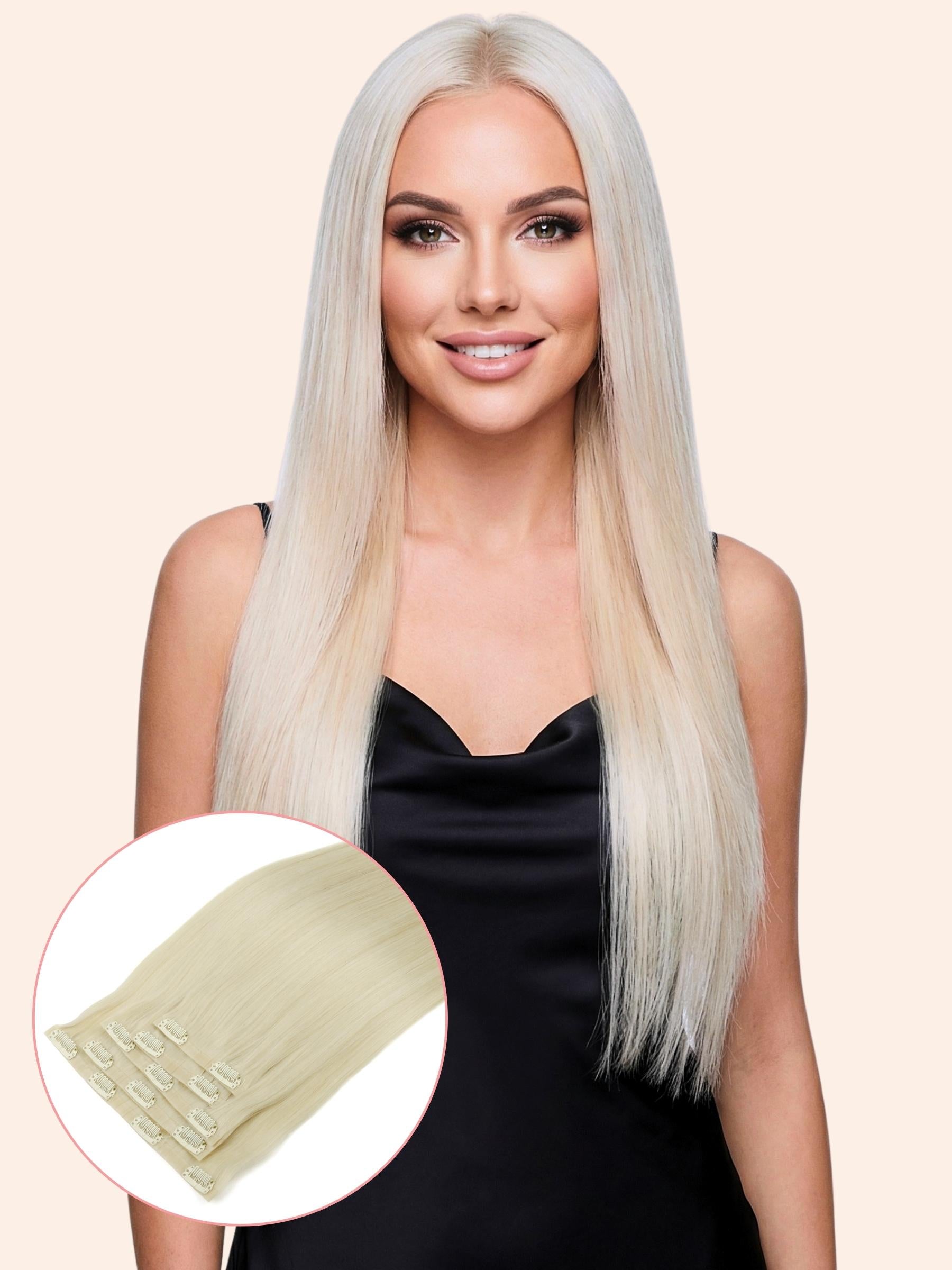 Woman with long blonde hair wearing a black dress, with an inset showing a close-up of the hair extensions.