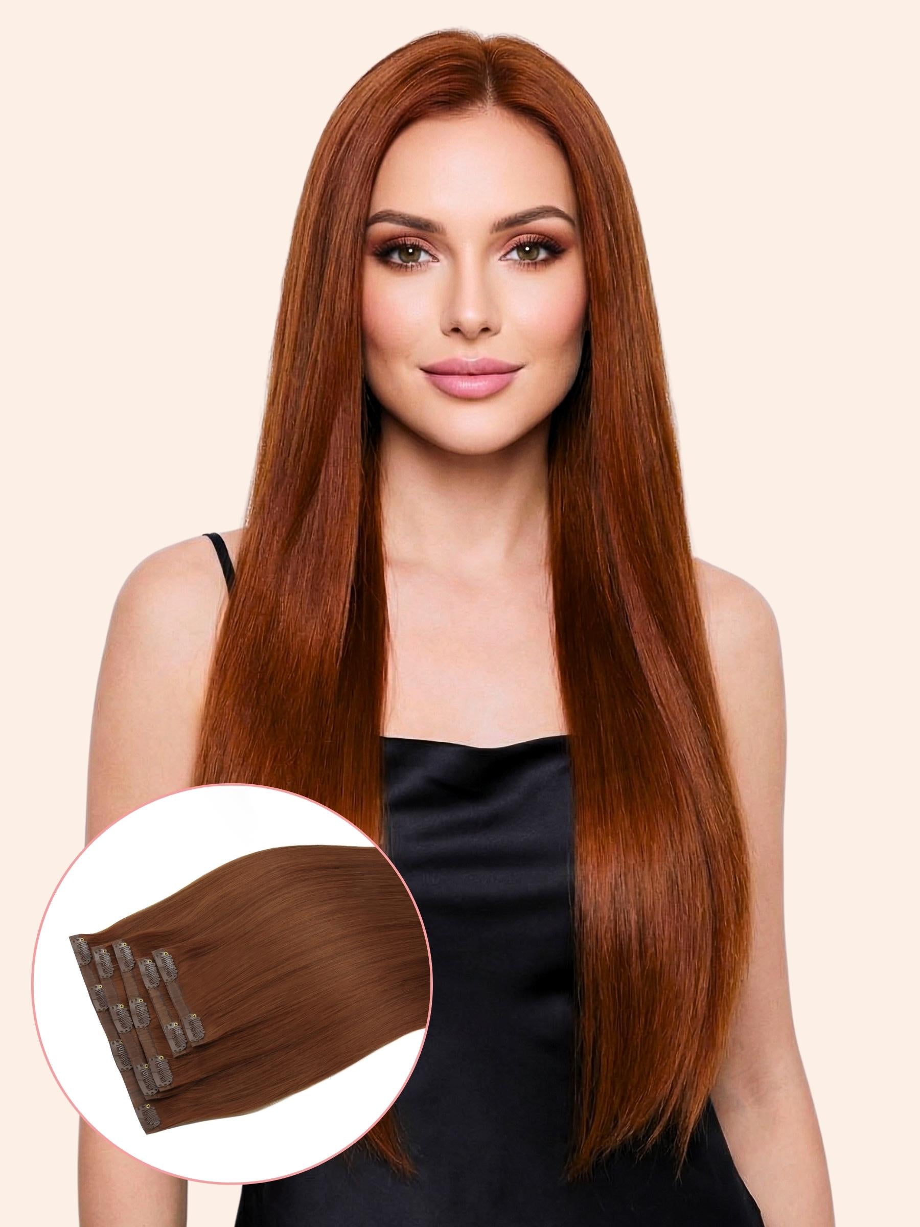 Woman with long brown hair and a close-up of hair extensions on a beige background