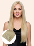 Woman with long blonde hair and a close-up of hair extensions on a beige background