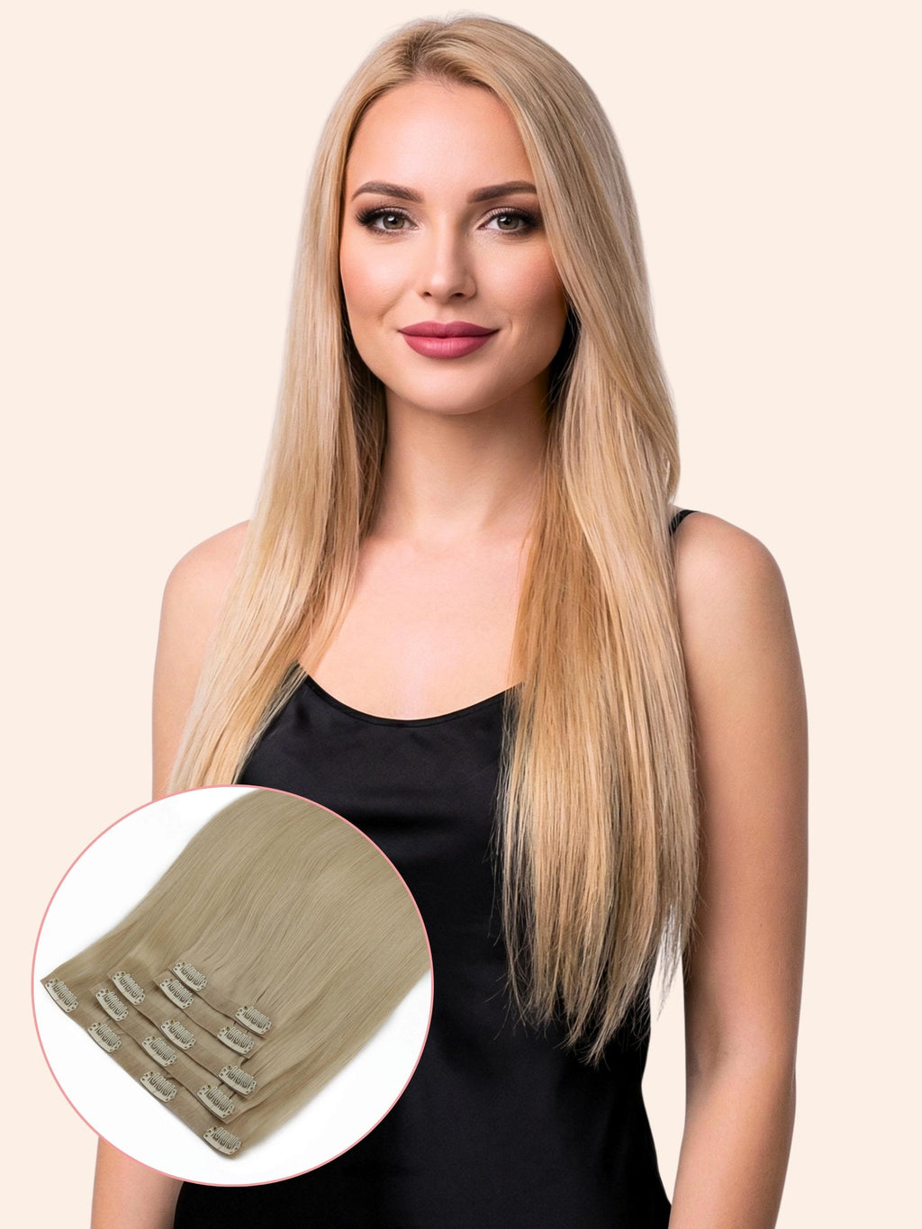 Woman with long blonde hair extensions on a beige background