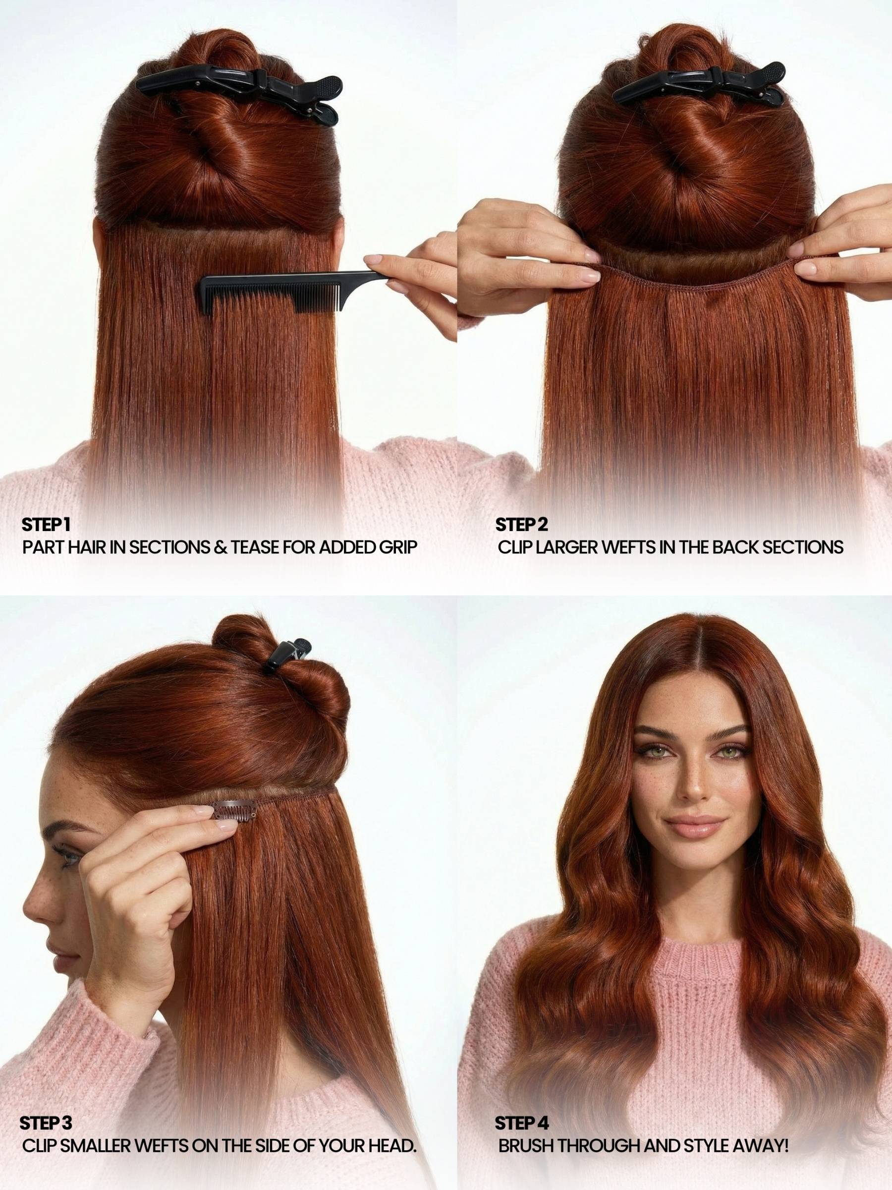 Step-by-step guide on how to use hair wefts with images of a woman applying them.